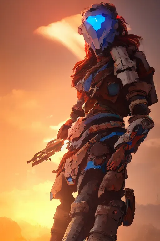 Image similar to combination suit armor aloy horizon forbidden west horizon zero dawn radiating a glowing aura global illumination ray tracing hdr fanart arstation by ian pesty and alena aenami artworks in 4 k tribal robot ninja mask helmet backpack