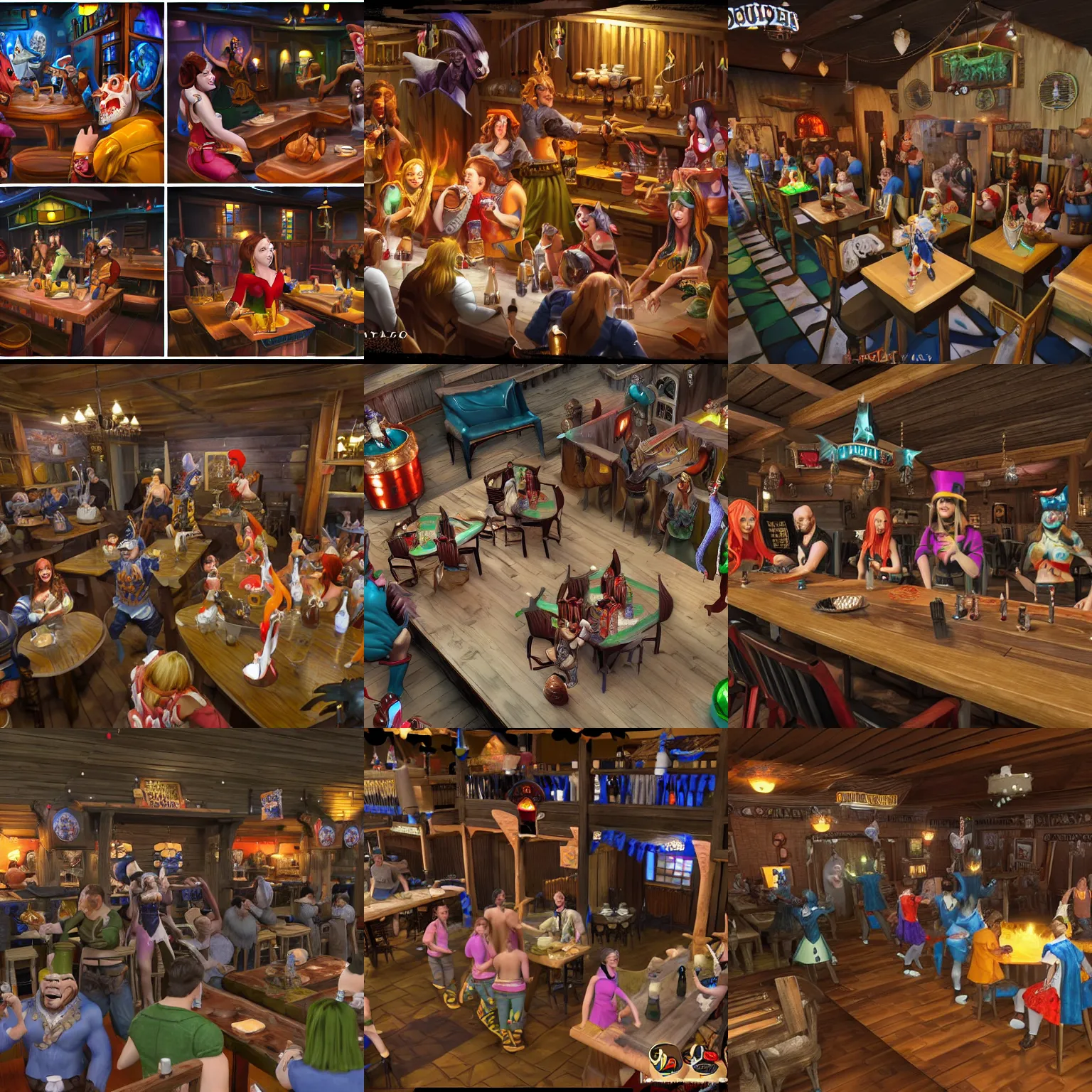 Prompt: 3d rowdy fantasy tavern with food being served by pretty female waiters, creatures dancing, beer being drank and spilled, music being played, and creatures of all races being generally cheerful and rowdy, pleasant atmosphere