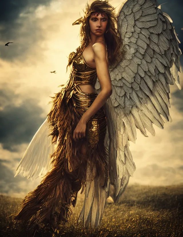 Prompt: Portrait of a fierce beautiful woman in angelic battle armor and wings, among the clouds, golden hour photography, cinematic, epic, 4k, stylized, realism