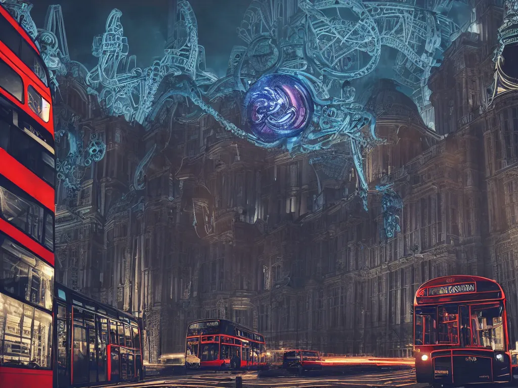 Image similar to an ancient beautiful cyborg with glowing eyes in the city of London, a cyborg with tentacles from it's head, part machine, westminster in background, london bus, colourful, dramatic lighting, golden hour, very detailed octane render very realistic beautiful