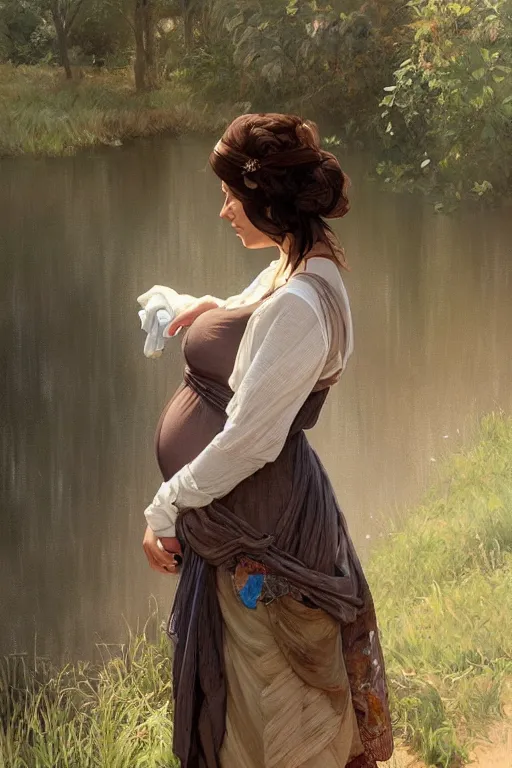 Prompt: rural pregnant woman doing laundry on river, portrait, elegant, intricate, digital painting, artstation, concept art, smooth, sharp focus, illustration, art by artgerm and greg rutkowski and alphonse mucha