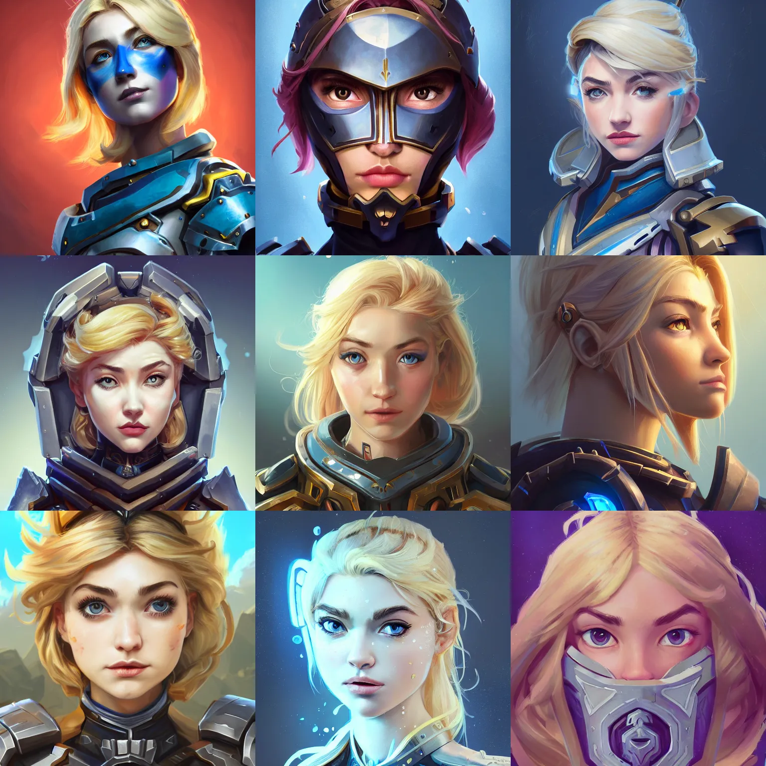 Prompt: masterpiece head-on symmetrical centered painted portrait, Imogen Poots as a paladin, blonde hair, glorious, wearing full metal armour, overwatch character Blizzard Hearthstone concept art, pixar, maya engine on stylized background, splash comics, global illumination lighting, trending on artstation, by lois van baarle, ilya kuvshinov, rossdraws