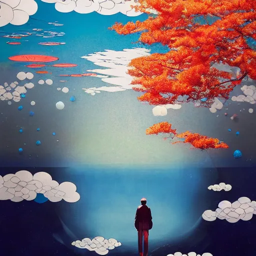 Image similar to a man walking on clouds away from the camera above kyoto by takashi murakami, beeple and james jean, aya takano color style, 4 k, super detailed, modern, 4 k, symmetrical