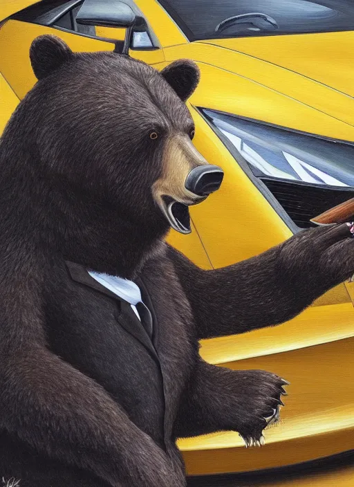 Prompt: A bear in a suit smoking a cigar while drifting in a Lamborghini, oil painting