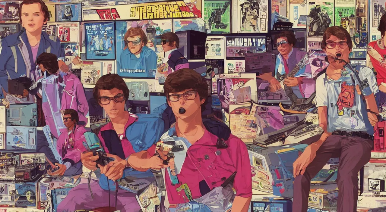 Prompt: GTA V illustration of 1980s nerdy teen on the cover of GTA V, in a 1980s music store