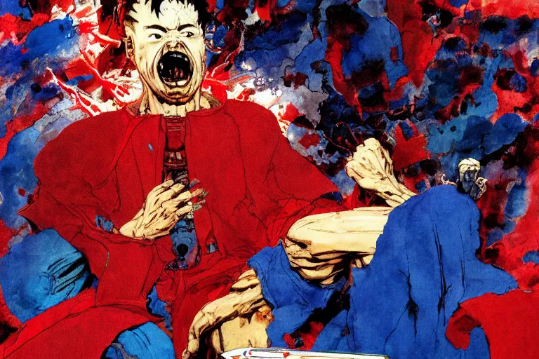 Image similar to full page illustration of tetsuo eating blue and red pills,, seated at his throne, red cape, by Katsuhiro Otomo, Phil hale, Ashley wood, Ilya repin, frank frazetta, 8k, hd, high resolution print