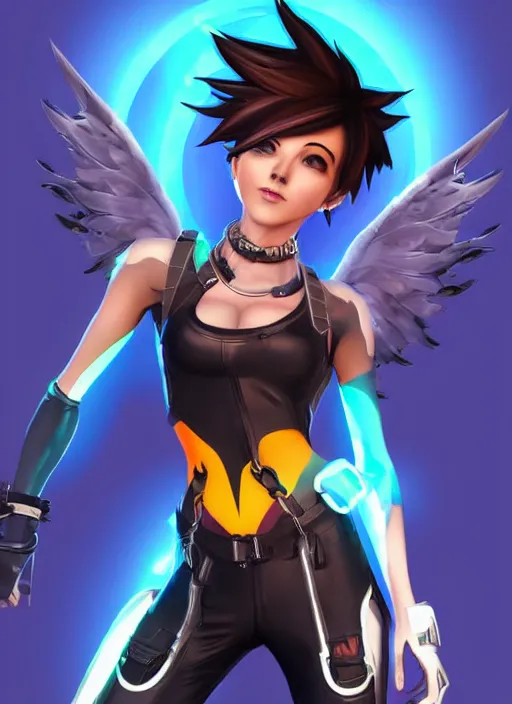Image similar to fullbody digital artwork of tracer overwatch, wearing black iridescent rainbow latex tank top, 4 k, expressive happy smug expression, makeup, in style of mark arian, angel wings, wearing detailed black leather collar, chains, black leather harness, detailed face and eyes,
