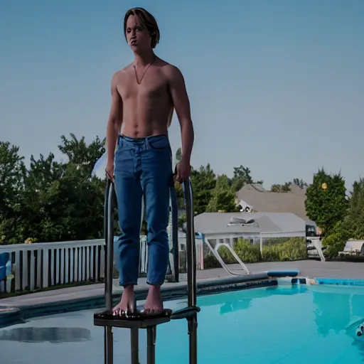 Image similar to cole sprouse standing on a diving board over a pool, red weapon 8 k s 3 5, cooke anamorphic / i lenses, highly detailed, cinematic lighting