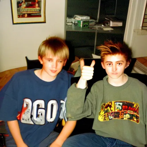 Prompt: 2 0 0 1, edgy 1 2 year old boy, frosted tips, y 2 k fashion, baggy jeans, og xbox on shelf, thumbs up