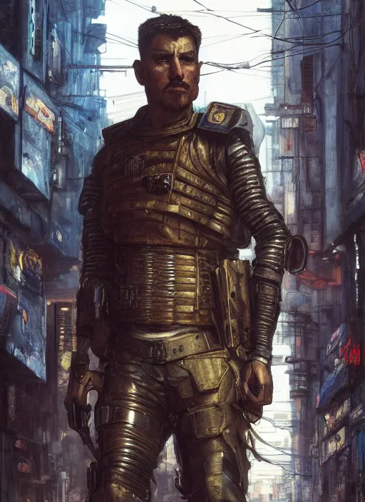 Prompt: gengis khan. cyberpunk police trooper in a military vest ( blade runner 2 0 4 9, cyberpunk 2 0 7 7 ). orientalist portrait by john william waterhouse and james gurney and theodore ralli and nasreddine dinet, oil on canvas. cinematic, hyper realism, realistic proportions, dramatic lighting, high detail 4 k