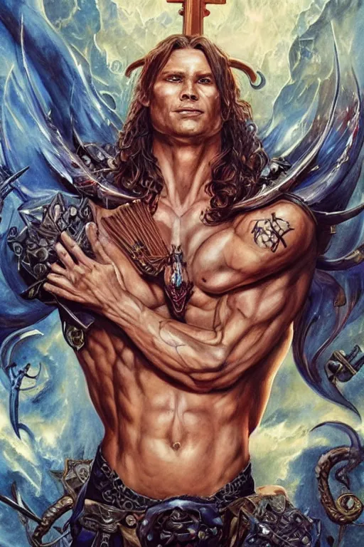 Prompt: muscular Sam Winchester with religious tattoos all over him, as a Spellcaster, holding a book with glowing runes on the cover, D&D dark fantasy style, sharp focus, ultra detailed, art by Artgerm and Peter Andrew Jones, Karol Bak, Ayami Kojima, Amano and Olivier Ledroit