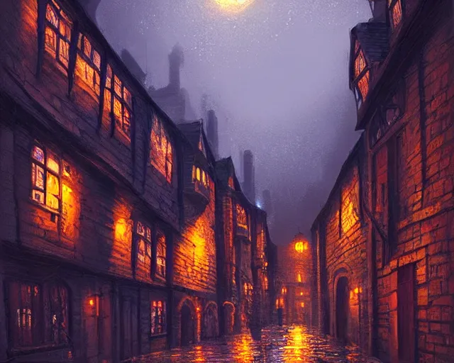 Prompt: A medieval, magical London street at night, Tudor houses, digital painting by Alena Aenami, trending on artstation