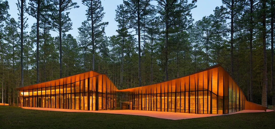 Image similar to faceted roof planes lift and descend creating shade and architectural expression, highly detailed, situated in the forest, next to a highly reflective lake, at dusk, vivid color