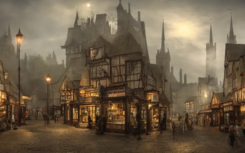 Prompt: at the market of a medeveil english town with mist, highly detailed, cinematic lighting, render, fantasy