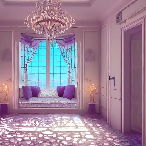 Image similar to vaporwave bedroom, beautiful detail, mansion, liminal space, high detail, rendered in unreal engine, 3d render, god rays, volumetric lighting, mansion, interior, large windows, vegetation