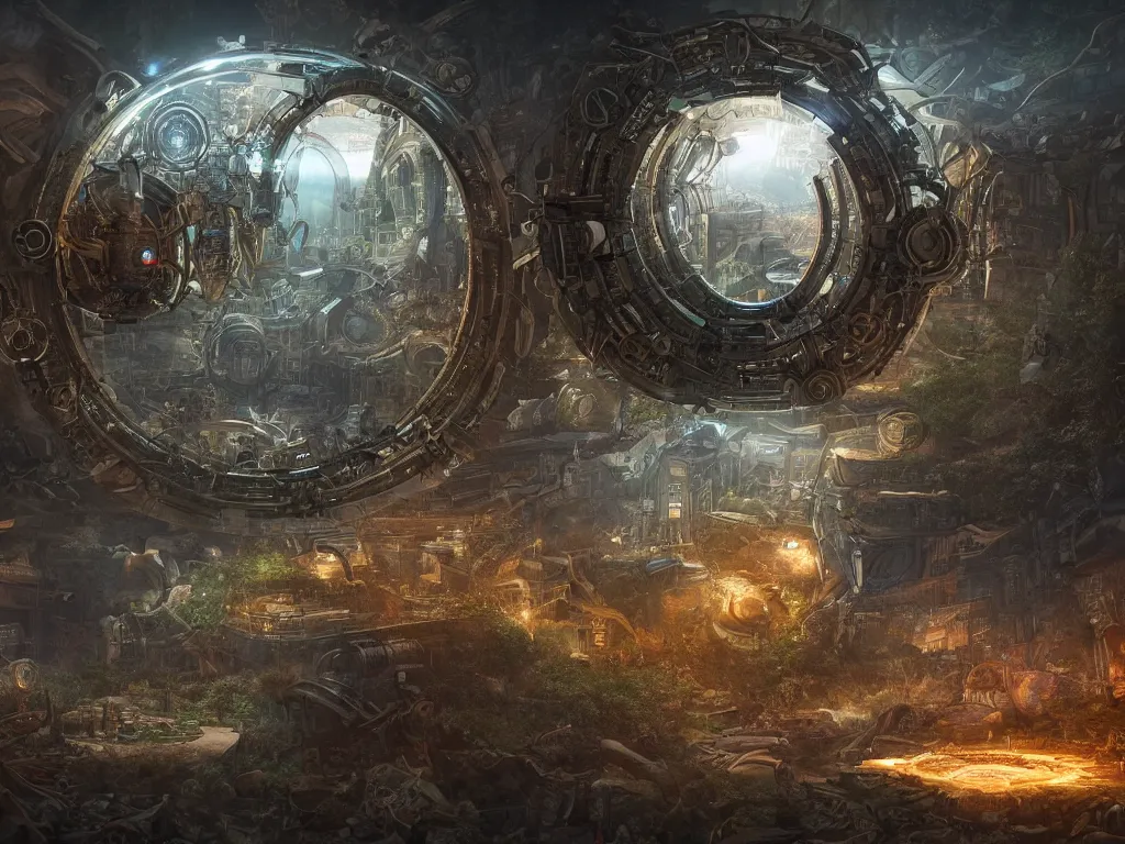 Prompt: an intricate matte painting of an epic battle between nature and technology at the center is a circular glowing biomechanical portal made of mechanical and electrical parts