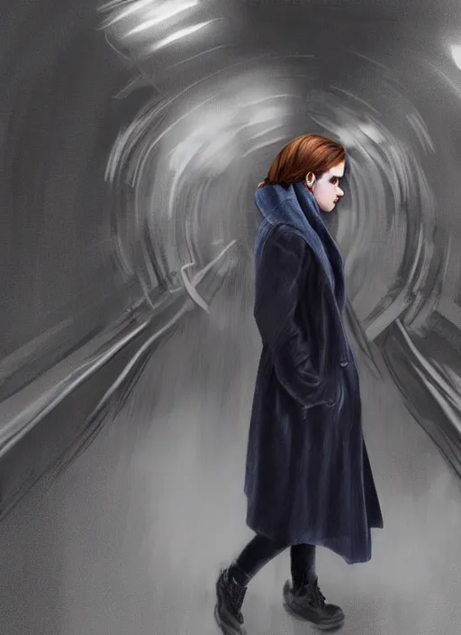 Image similar to movie scene of emma watson, short auburn hair, wearing baggy trench coat, scarf, realistic face, standing in london underground tube platform, digital painting, dramatic lighting