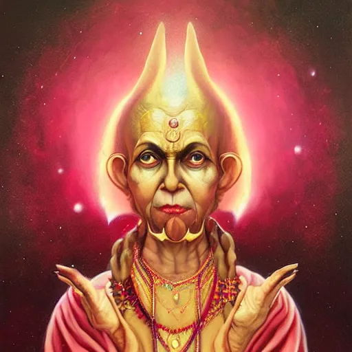 Image similar to wise old Indian guru, multiple arms, large ears, pink and gold , by Anato Finnstark, Tom Bagshaw, Brom