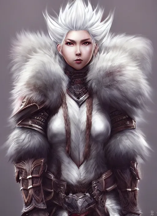 Image similar to warrior, fur - lined wolf armor!!! gorgeous and elegant white hair female!! monster hunter!! character concept art, sharp focus, octane render! unreal engine 5! highly rendered!! trending on artstation!! detailed linework!! illustration by artgerm, wlop, and chie yoshii