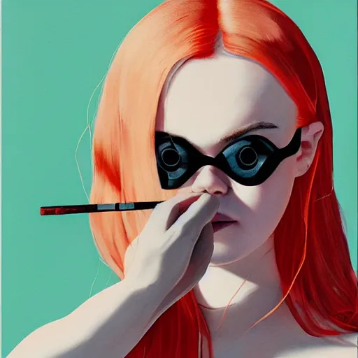 Image similar to Elle Fanning wearing an eyepatch lighting a cigarette picture by Sachin Teng, asymmetrical, dark vibes, Realistic Painting , Organic painting, Matte Painting, geometric shapes, hard edges, graffiti, street art:2 by Sachin Teng:4