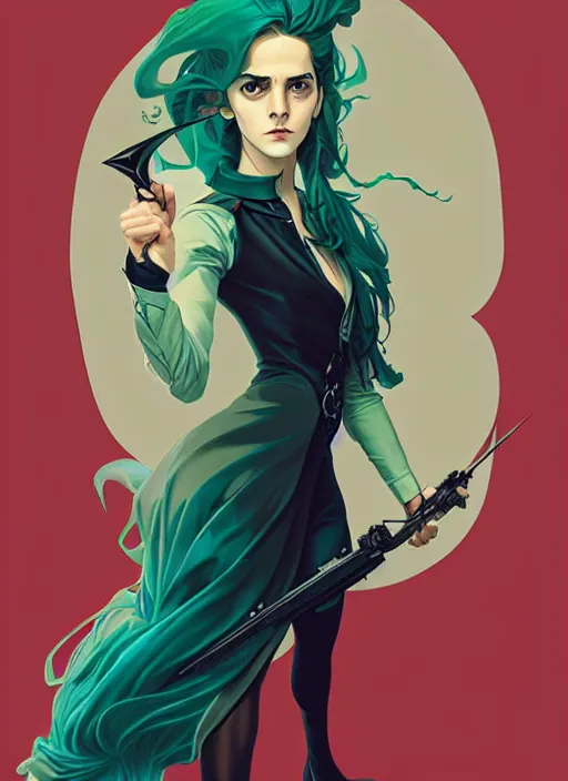 Prompt: style artgerm, joshua middleton, emma watson with green dress, very long blue hair, symmetrical face, symmetrical eyes, steampunk western gunslinger with monocle, cinematic lighting