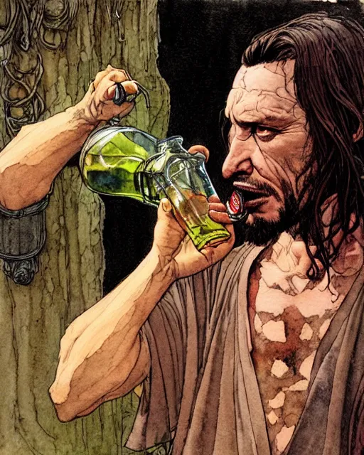 Image similar to a realistic and atmospheric watercolour fantasy character concept art portrait of a sleazy qui - gon jinn drinking out of a bottle with pink eyes wearing a wife beater. by rebecca guay, michael kaluta, charles vess and jean moebius giraud