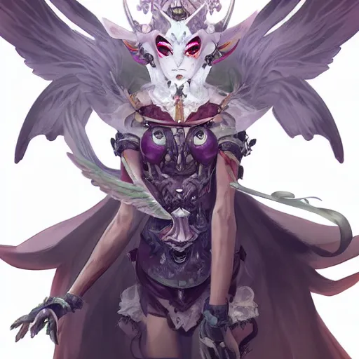 Image similar to A highly detailed masked Kawaii demon woman with wings and a platinum zen design on her mask, anime, by Akihiko Yoshida and Peter Mohrbacher, anime artwork in artstation