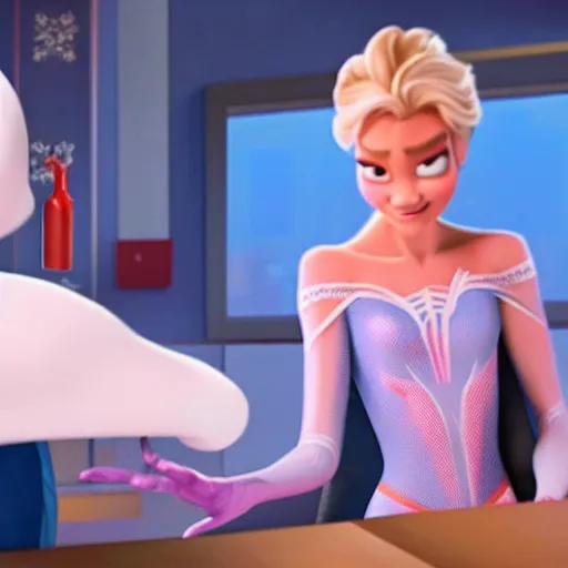 Image similar to spiderman and pregnant princess elsa talking in the kitchen, into the spiderverse cinematic render, ( 2 0 1 8 ) sony animation official media, clear details, award winning, blue gown, third trimester