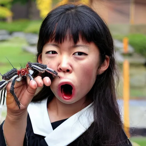 Image similar to National Geographic photo of angry japan school girl with spiders in her mouth