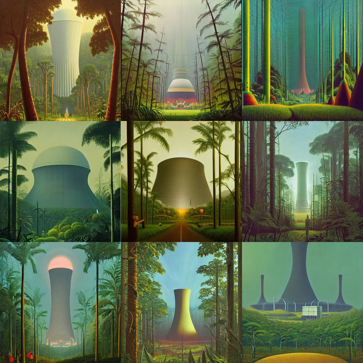 Prompt: A nuclear power plant in a lush rainforest utopia by Simon Stålenhag and Grant Wood, oil on canvas, heavenly rapture