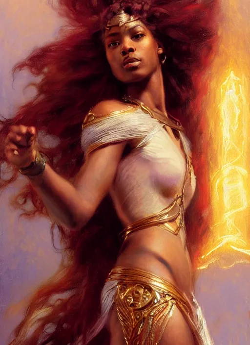 Image similar to young black woman, goddess of light, long flowing hair, smug expression, highly detailed painting by gaston bussiere, craig mullins, j. c. leyendecker 8 k