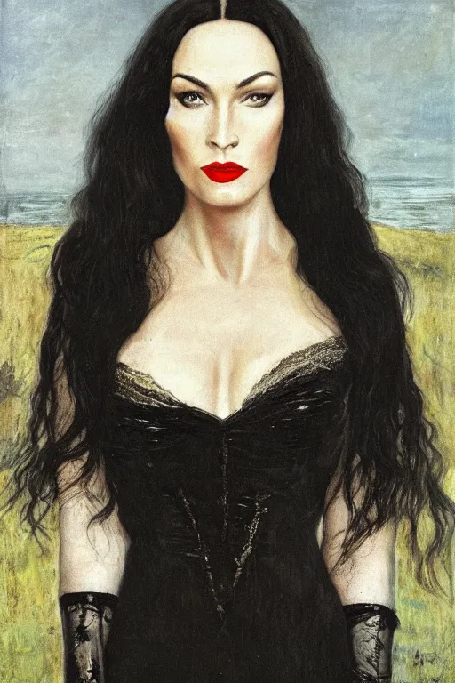 Image similar to upper body portrait megan fox as morticia addams by alfred stevens