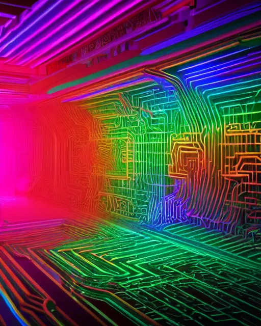 Prompt: intricate maze of rainbow-colored circuitry that extends into the distance. volumetric light , Highly detailed perfectly symmetrical , PBR , high detail,8k resolution , hyper quality , high resolution , hyper quality , high resolution , Octane render , IMAX 3D