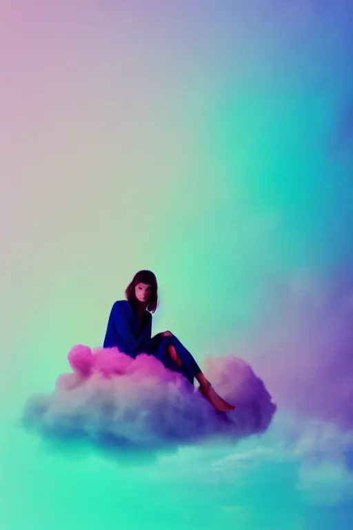 Image similar to high quality pastel coloured film photograph of a model wearing clothing resting on cloud furniture on clouds in a haze filled dreamstate world. three point light, rainbow. photographic production. art directed. pastel colours. volumetric clouds. pastel gradient overlay. waves glitch artefacts. 8 k. filmic.