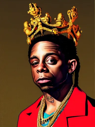 Prompt: lil wayne, wearing a crown : : painted by kehinde wiley : : baroque, hyperreal, digital painting