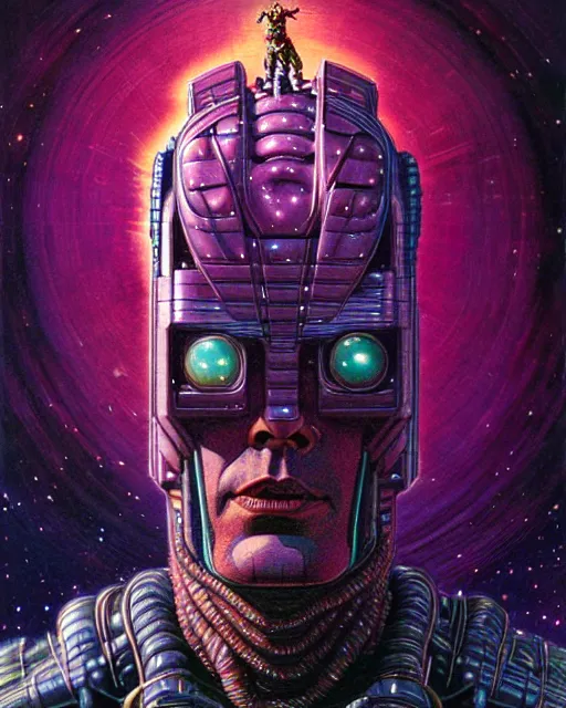 Prompt: galactus, character portrait, portrait, close up, concept art, glow, intricate details, highly detailed, vintage sci - fi poster, in the style of chris foss, rodger dean, moebius, michael whelan, and gustave dore