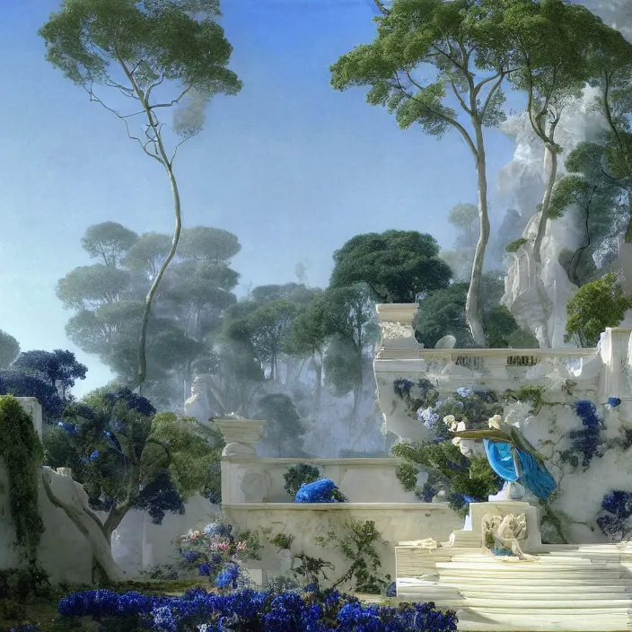 Prompt: gardens of marble draped in flowing sheets of cobalt blue satin and silver satin, by ivan aivazovsky and syd mead and moebius and joseph wright and roger dean and pieter claesz and paul delaroche and alma tadema and august malmstrom and caspar david friedrich and hans gude and aelbert cuyp, hyperrealistic, volumetric light, octane render