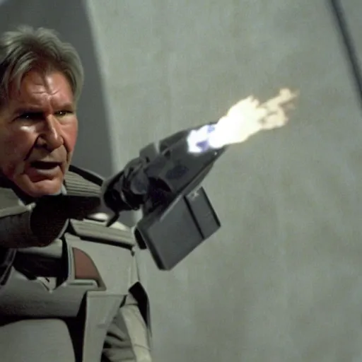 Prompt: A still of Harrison Ford as Commander Adama in Battlestar Galactica (2003), firing at a Cylon