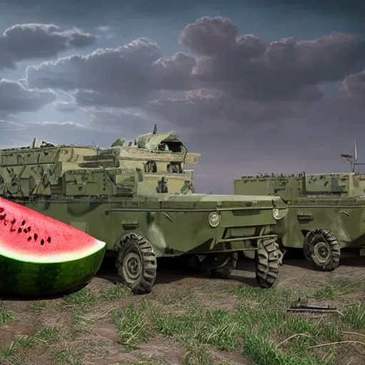 Prompt: Very very very very highly detailed Watermelon as military vehicle with epic weapons, launching rockets on a battlefield in russian city as background. More Military vehicle less watermelon .Photorealistic Concept 3D digital art in style of Caspar David Friedrich, super rendered in Octane Render, epic RTX dimensional dramatic light