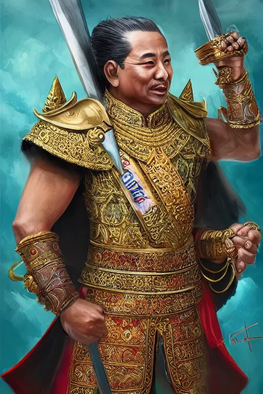 Image similar to full body portrait of king ramkamhaeng the great, thai warload, d & d, elegant, highly detailed, digital painting, artstation, concept art, smooth, sharp focus, illustration, art by jakrapan posayakrit