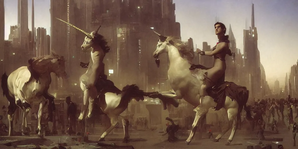 Prompt: unicorn in a futuristic cyberpunk town. By William Adolphe Bouguereau, highly detailed