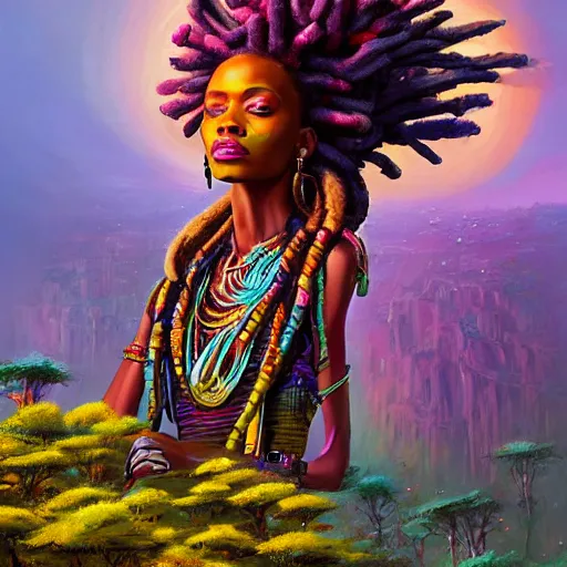 Image similar to a very regal african cyberpunk queen with colorful dreadlocks and lots of jewlery sitting on a cliff overlooking a field of colorful flowers with a giant glowing baobab tree in the middle, it is sunset, by greg rutkowski and android jones and Alena Aenami in a surreal cyberpunk! style, oil on canvas, highly detailed face, 8k hd,