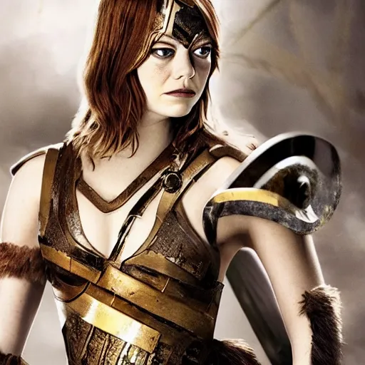 Image similar to full photo of emma stone as an amazon warrior with weapons