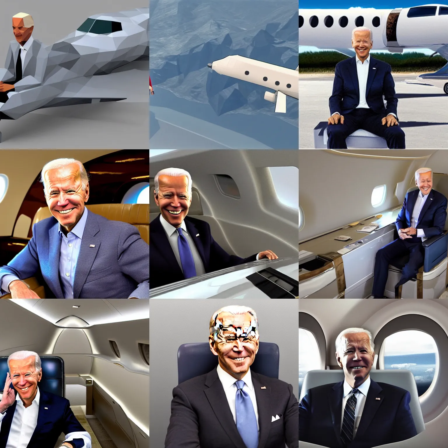 Prompt: low poly joe biden sitting in his private jet