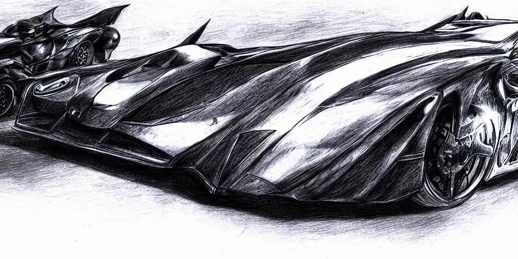 Image similar to ballpoint pen drawing of the batmobile, batman, arkham knight