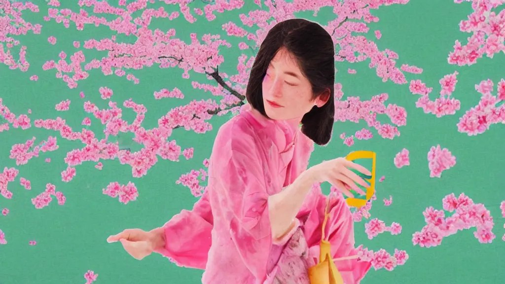 Image similar to close - up of a woman in a small group of people, a flower viewing picnic sakura, japan, a collage painting, in the style of wes anderson, lola dupre, david hockney, isolated on negative white space background dark monochrome neon fluorescent spraypaint accents volumetric octane render