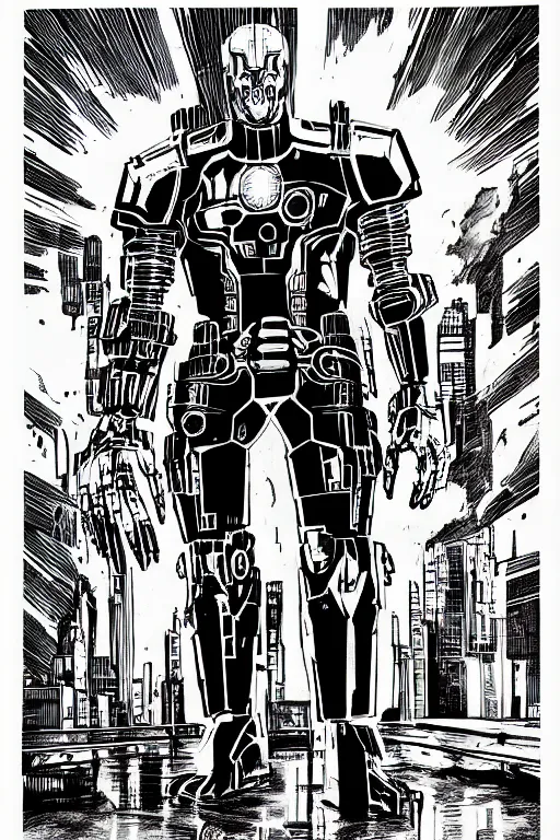 Image similar to ultron standing heroically, a page from cyberpunk 2 0 2 0, style of paolo parente, style of mike jackson, adam smasher, johnny silverhand, 1 9 9 0 s comic book style, white background, ink drawing, black and white