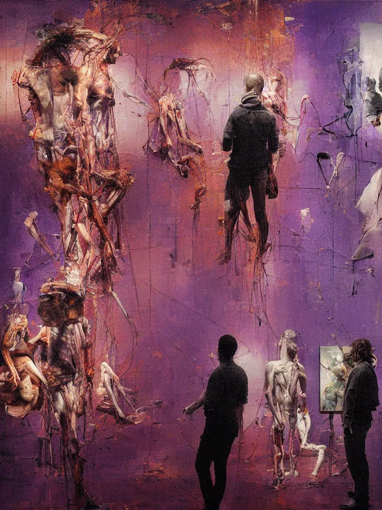 Prompt: a beautiful glitched painting by robert proch of people looking at an anatomy study of the human nervous system in a museum gallery, color bleeding, pixel sorting, copper oxide and rust materials, brushstrokes by jeremy mann, cold top lighting, textured palette knife pastel purple background