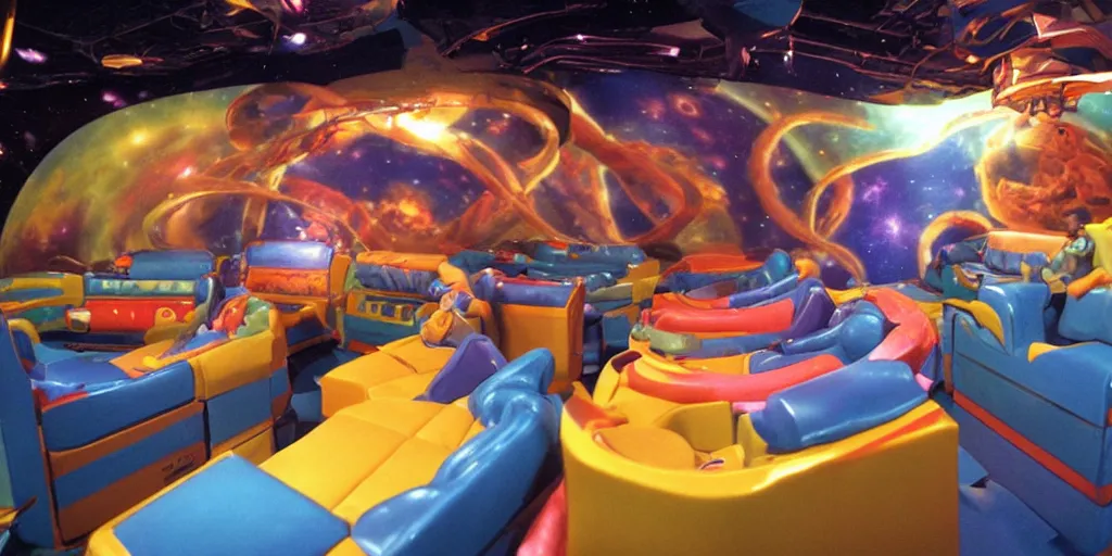 Image similar to 1990s photo of inside the Space Sofa ride at Universal Studios in Orlando, Florida, riding the flying sofa through space , cinematic, UHD