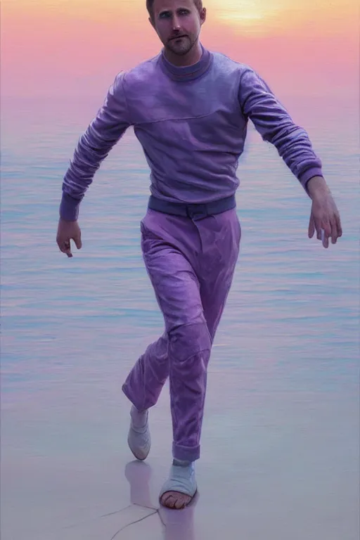 Prompt: ryan gosling robotic clothes in the beach purple sun, pink lighting ultra realistic photorealistic highly detailed high quality, a stunningly, digital painting, artstation, concept art, smooth, sharp focus, illustration, art by artgerm and greg rutkowski and alphonse mucha 8 k
